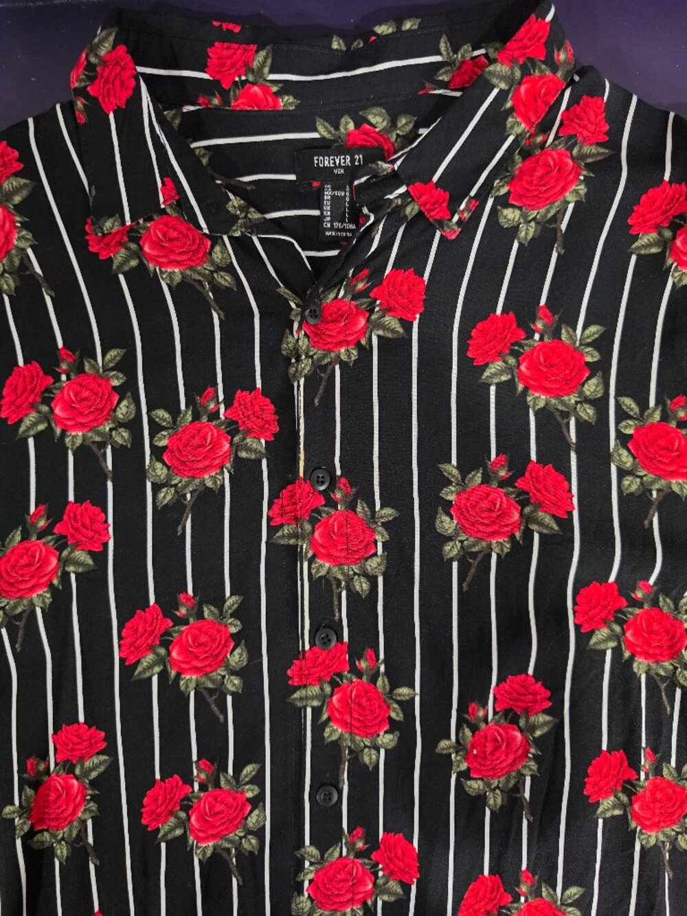 Forever 21 mens long sleeve button down black pinstripe red roses